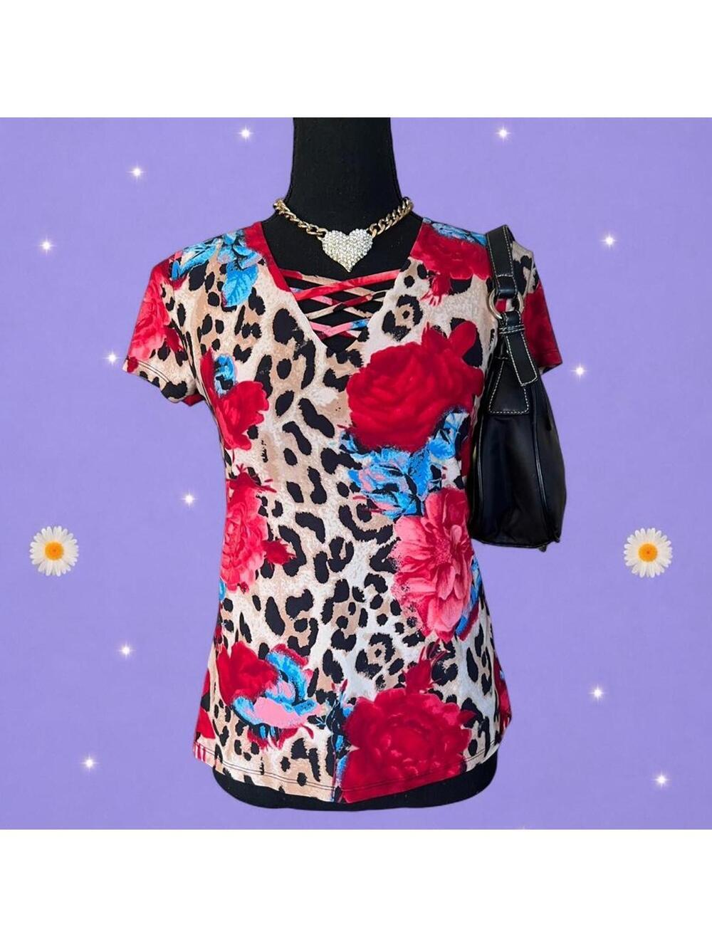 Vintage Y2K INC Leopard Rose Print McBling V Neck Top Size XS